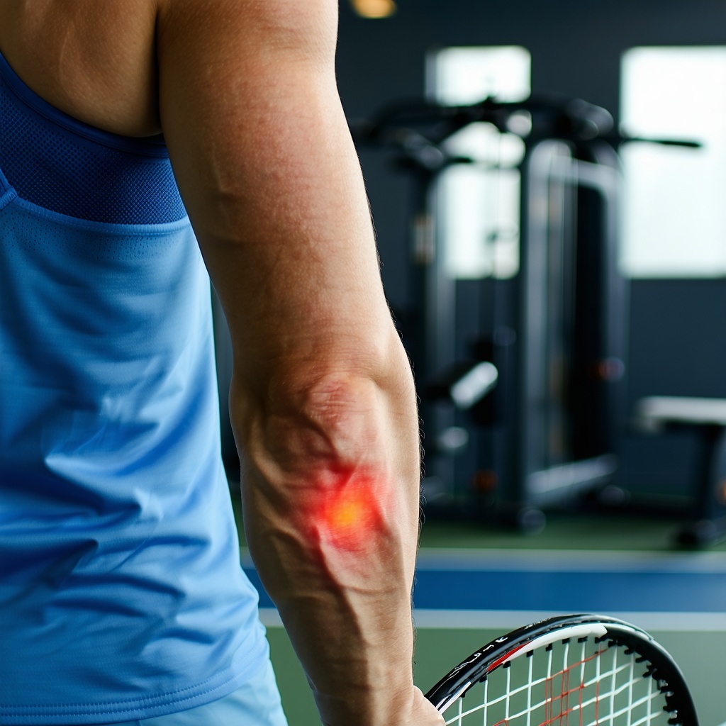 The image features a closeup of a persons forearm and elbow showcasing signs of tennis elbow The skin is slightly reddened around the outer side of the elbow indicating inflammation The person is gripping a tennis racket but the focus is on the elbow-1