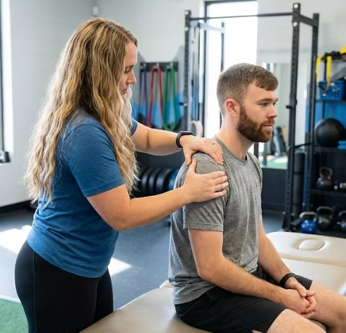 Athlete receiving personalized physical therapy movement assessment in Easley performance rehab clinic